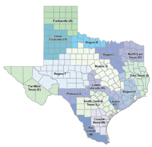 Texas with countries and what region they belong in.